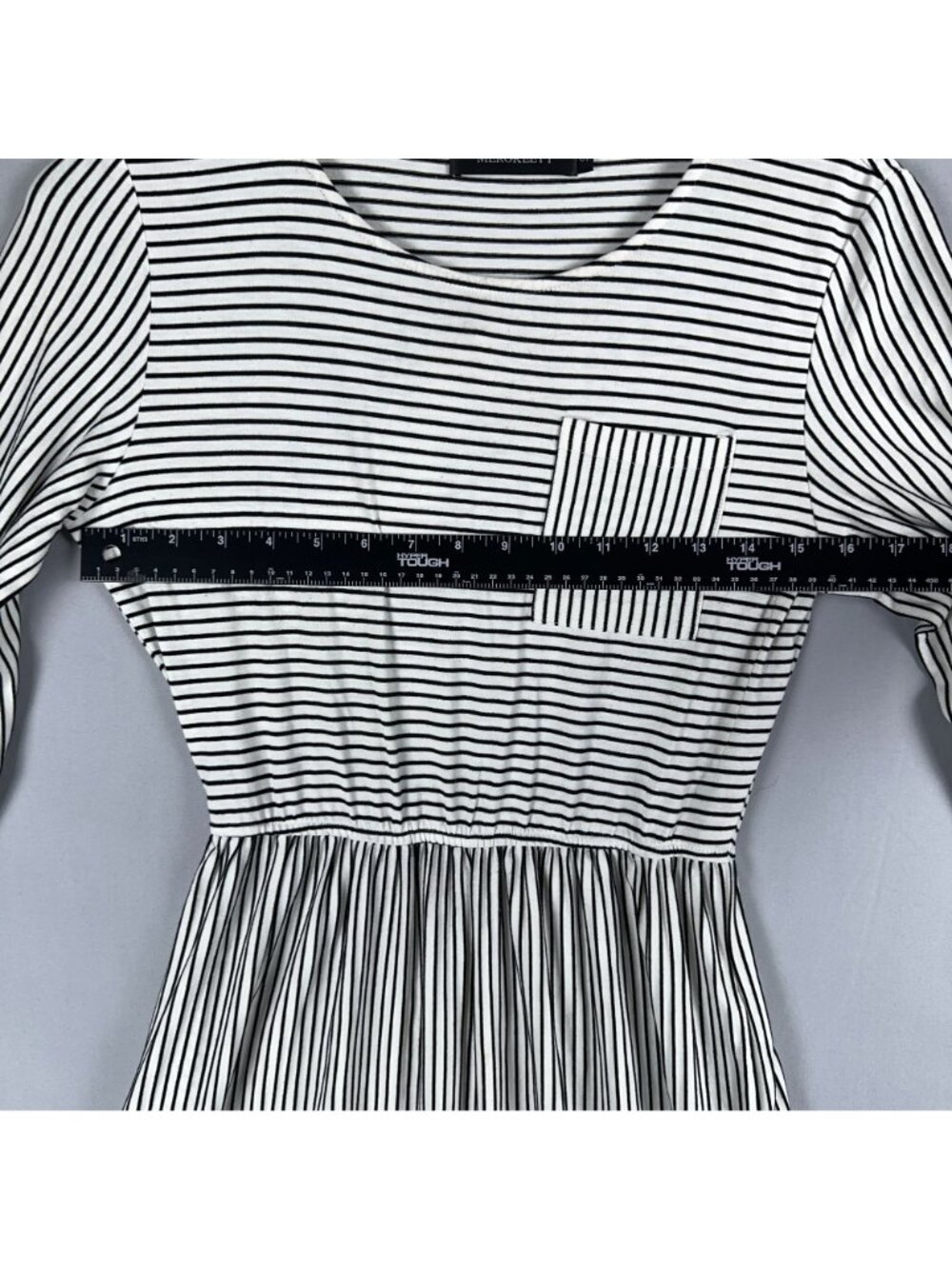 Merokeety Dress Size Small Black White Striped Midi 3/4 Sleeves Chest Pocket - Picture 8 of 12